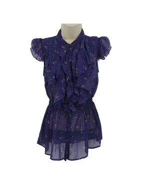 Kirra Juniors Small Purple Rose Flower Floral Sheer Ruffle Blouse Shirt Top Y2K